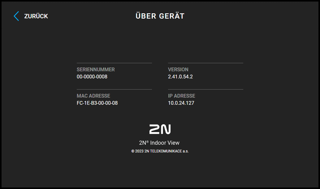 About Device Screen with IP Adress of 2N Indoor View Indoor Station