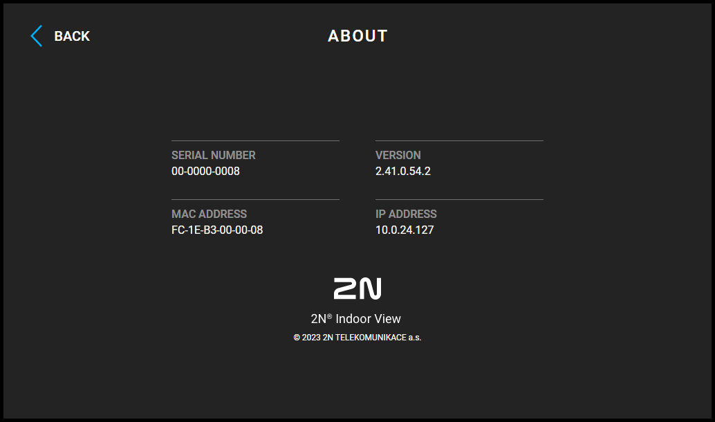 About Device Screen with IP Adress of 2N Indoor View Indoor Station
